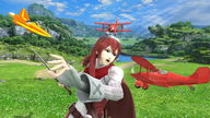 sword small_men anime red_hair airplane grass lake clouds sky field cape rocks attacking valley digital_render sun_rays