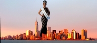 mega black_hair sky looking_at_viewer new_york_city tiara hands_on_hips sunrise evening_gown ariana_miyamoto east_river one_freedom_tower