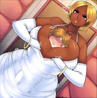 drawing gentle blonde color huge_breasts gloves love wedding_dress amazon dark_skin bracelet between_breasts