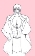 drawing cleavage huge_breasts looking_at_victim trapped_in_cleavage pink_background suit_coat