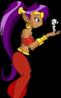 drawing gentle color blue_eyes handheld purple_hair ponytail shrunken_man jewelry belly_dancer looking_at_tiny shantae half_genie pointed_ears starfirerencarnacion woodyfromtexas