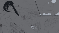 drawing monochrome long_hair cum destruction giant penis orgasm lying_down testicles closed_eyes power_lines cum_flood kononiko cummed_on