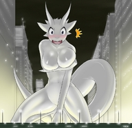 drawing giantess nude furry blushing city mega color lizard surprised looking_at_viewer city_lights