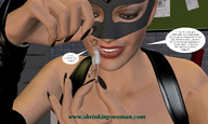 handheld story shrunken_woman teasing dangle ilayhu manicure catwoman mini_skirt thief leather_clothes looking_at_tiny digital_render dc_comics