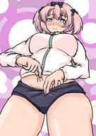 drawing gentle panties color handheld anime smiling shrunken_man looking_down naked_man ponytails dangle jacket panty_entrapment hibari bows senran_kagura etz looking_at_tiny