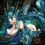 drawing giantess horns tail color cleavage water wet breast_crush purple_eyes green_hair cave monster_girl scales hibafure spelunker