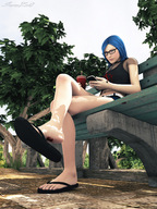 blue_hair blood sandals foot_crush outdoors sorenzer0 digital_render alex_vause