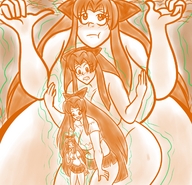 drawing growth giantess nude monochrome long_hair ribbon scared ripping_clothes twisted_persona outgrowing_room