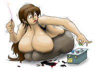 breasts drawing growth color long_hair anime huge_breasts brunette brown_eyes kneeling lipstick curvy chemicals ripped_clothing
