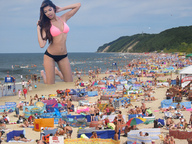 giantess black_hair long_hair swimsuit beach kneeling looking_down