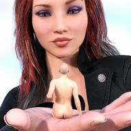 gentle butt handheld red_hair unknown_artist pink_eyes shrunken_man looking_down jacket fingernails digital_render bald
