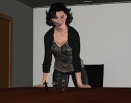 black_hair cleavage smiling shrunken_people looking_down desk digital_render