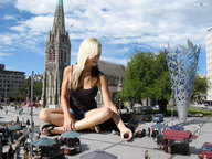 giantess collage blonde long_hair clothed handheld sitting shorts flip_flops mite top giantess_amy