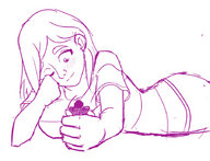 breasts drawing gentle handheld cleavage smiling lying_down shrunken_man looking_down no_background