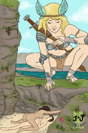 breasts drawing giantess nude blonde color butt armor sword sex brunette looking_down naked_man sand cliff watching jandj_comics norse_goddess