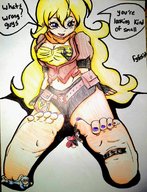 drawing blonde color long_hair barefoot purple_eyes sitting shrunken_people dialogue purple_nails rwby ruby_rose weiss_schnee blake_belladonna yang_xiao_long fgfetish