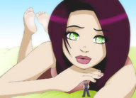 drawing gentle giantess nude color barefoot green_eyes lips red_hair sky looking_at_viewer