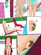 drawing blonde comic color butt swimsuit blue_eyes unaware shrunken_man entrapment bathroom facesitting panty_entrapment between_buttcheeks patio lounge_chair jakaiji