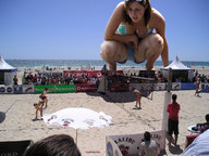 giantess collage swimsuit beach ocean short_shorts sunglasses sand crouching freckles crowds