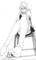drawing monochrome touhou low_angle nylons shrunken_woman looking_down maid_uniform under_foot source_needed aya_shameimaru sakuya_izayoi super_deformed
