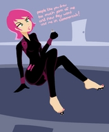 drawing erin_esurance color handheld barefoot green_eyes pink_hair sitting shrunken_people trapped under_foot nail_polish catsuit annoyed jj-psychotic esurance