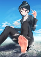 drawing giantess giga city black_hair color destruction barefoot red_eyes short_hair sitting foot_crush suit river dirty_soles looking_at_viewer iodain