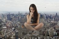 collage city mega destruction helicopter brunette unknown_artist sitting fire skyscraper winzling