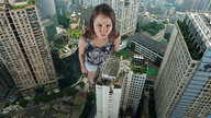 giantess collage city buildings angry brunette skyscraper winzling looking_at_viewer downward_angle