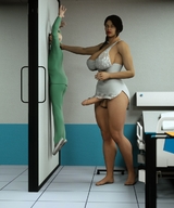 large_breasts futanari penis handheld barefoot short_hair amazon forceful testicles nightie digital_render hospital_room
