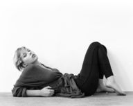 collage blonde monochrome barefoot butt_crush short_hair looking_at_viewer scarlett_johansson imminent_crush leaning_against_elbows