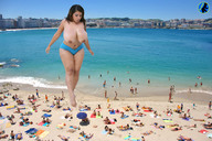 breasts nipples giantess collage black_hair swimsuit beach ocean huge_breasts topless navel foot_crush looking_down swimming umbrella tanning sunbathers ser-gts plus_size beach_towels