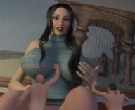 black_hair long_hair huge_breasts shrunken_men sitting looking_down painting sweater reaching_up knees digital_render bald