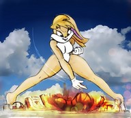 drawing giantess city mega blonde color destruction rampage angry gloves explosion legs_spread lola_bunny throwing overtop_city
