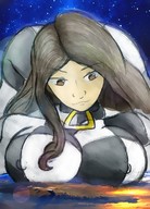 drawing nipples earth space color long_hair breast_crush brunette brown_eyes smiling lying_down catsuit cosmic_giantess colonel-gabbo