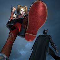 breasts giantess blonde cleavage boots harley_quinn batman clouds looking_up night costume cape imminent_crush looking_at_tiny digital_render dc_comics cowl