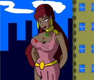 breasts drawing gentle giantess city color large_breasts cleavage buildings skyline giganta red_hair ponytail dress looking_down batman superman necklace earrings belt dc_comics