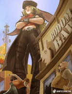 drawing giantess blonde color gloves boots navel belly running looking_down looking_up sky hat bar cape giantessfan bald mcdonalds radio_tower