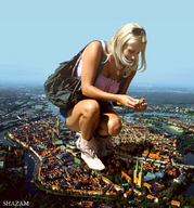 giantess collage city mega blonde boots legs shorts short_shorts crouching tan shazam holding_house mid_length_hair