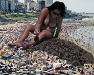 giantess collage swimsuit beach cleavage buildings climbing sitting navel shadow eating looking_down sunglasses dangle sunny crowds chip