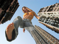 giantess crush collage feet city mega blonde long_hair swimsuit barefoot soles jeans domination brown_eyes wonderslug legs straddling point_of_view