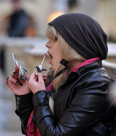 collage blonde shrunken_man open_mouth dangle nails long_nails lip_stick mirror scarf black_nails