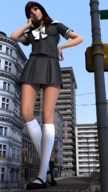breasts giantess city mega black_hair skirt buildings asian uniform sky knee_socks leaning_on_building digital_render ai_tanaka aithegiantess