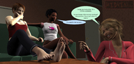 blonde barefoot short_hair worship shrunken_man naked_man giantesses dark_skin sofa coffee_table apartment digital_render
