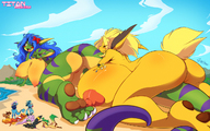 breasts drawing giantess nude furry tail blonde color beach barefoot blue_hair huge_breasts brunette island green_hair lying_down giantesses swim_suits pokemorph chalodillo