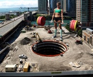 giantess collage city ocean buildings navel muscles belly construction_site knee_socks sports_bra giulio_10 lifting_weights barbell giant_hole