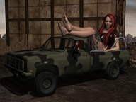 city barefoot buildings red_hair mini_giantess sitting legs clouds ruins darkest_hour looking_at_viewer ripped_clothing pickup_truck digital_render camouflage