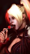 vore blonde tongue licking cleavage saliva harley_quinn shrunken_woman batgirl lollipop pre_vore superheroes digital_render dc_comics source_film_maker clown