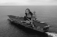 giantess collage monochrome cleavage ocean military kneeling jets looking_at_viewer aircraft_carrier flight_deck zed782