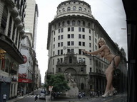 breasts giantess collage city blonde high_heels buildings navel legs streets leaning_against_building looking_at_viewer pedestrians between_buildings zed782 standard_bank