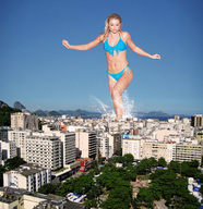 collage city blonde swimsuit destruction beach ocean buildings wonderslug walking looking_down sky splashing ashore emma_rigby